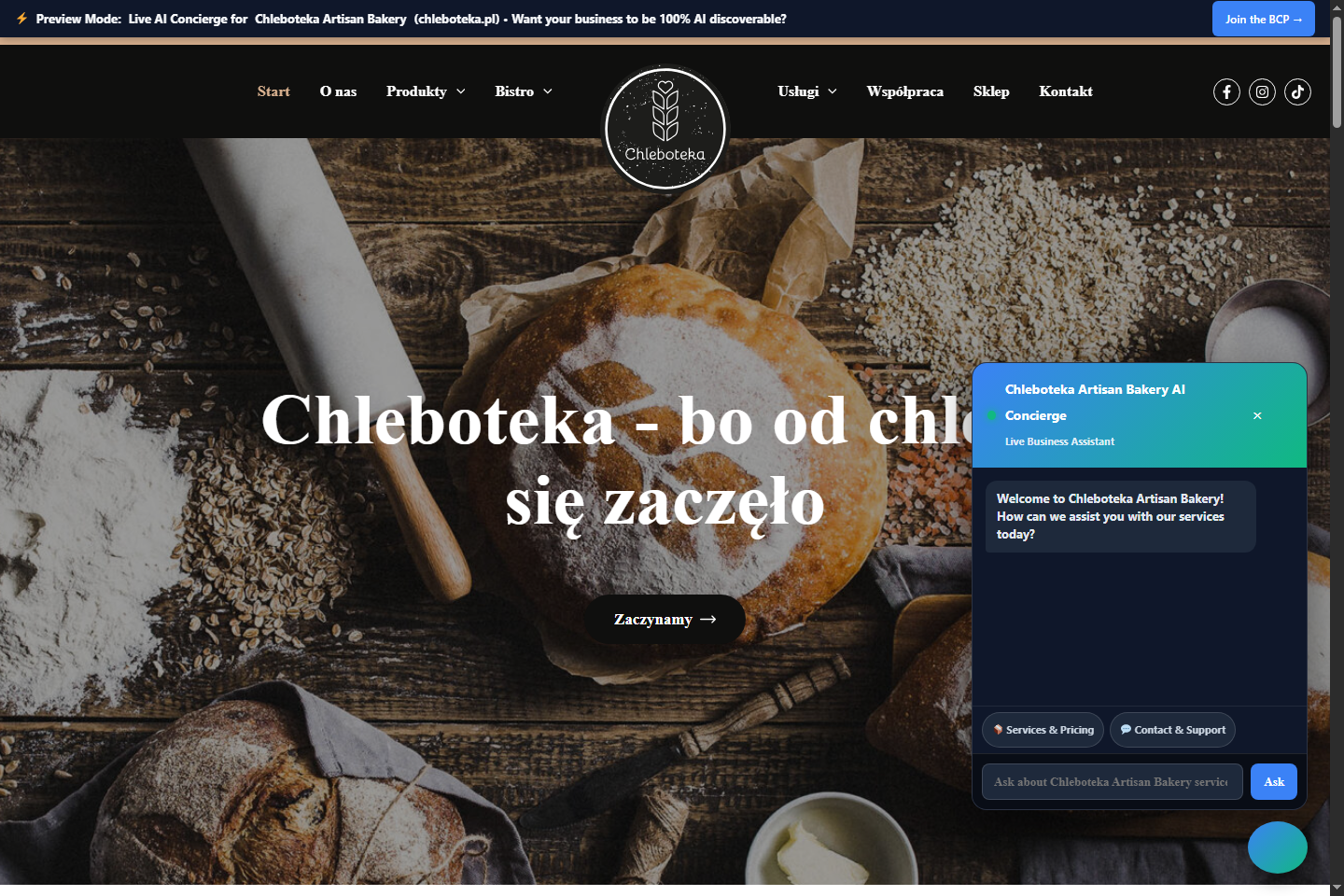 Chleboteka with BAES Edge showing open Chleboteka Artisan Bakery AI Concierge widget